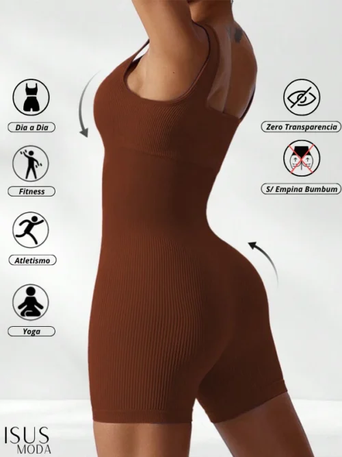 Macacão canelado de cintura alta sem costura para academia