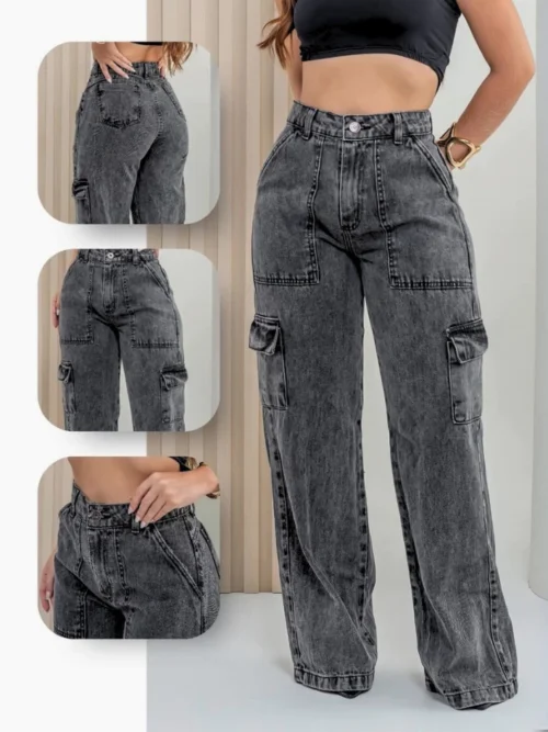 Calça Cargo Jeans com Bolso Lateral Wid Leg 34 ao 44 Pantalona